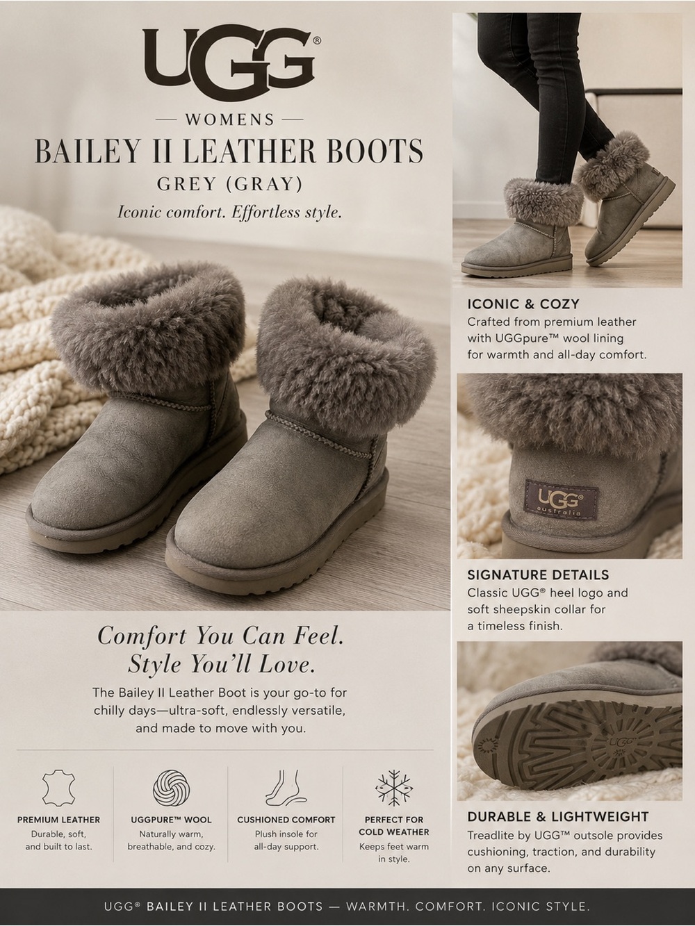 UGG Bailey II Leather Boots - Grey